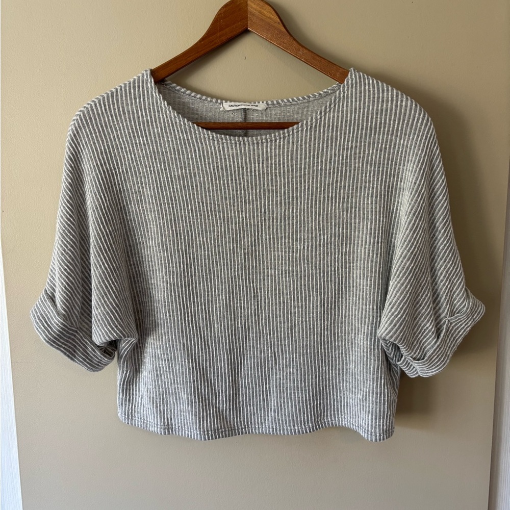 Caution to the Wind Gray Striped Cropped Top with Drop Sleeves